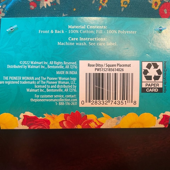 THE PIONEER WOMEN SQUARE QUILTED PLACEMAT ROSE DITSY SET OF 4 NWT - Picture 4 of 7